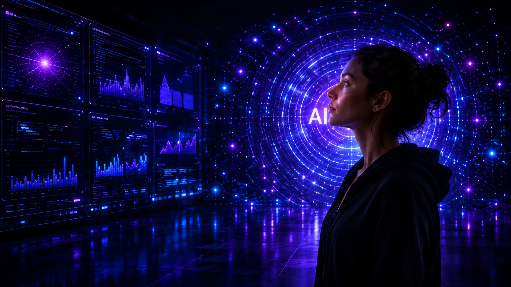 Femme face aux écrans IA et cercle intelligence artificielle